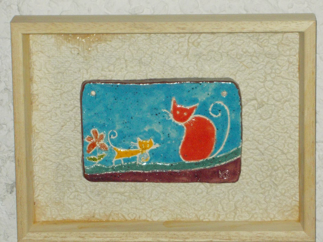 Tableau émaillé Chatte rouge et chaton jaune