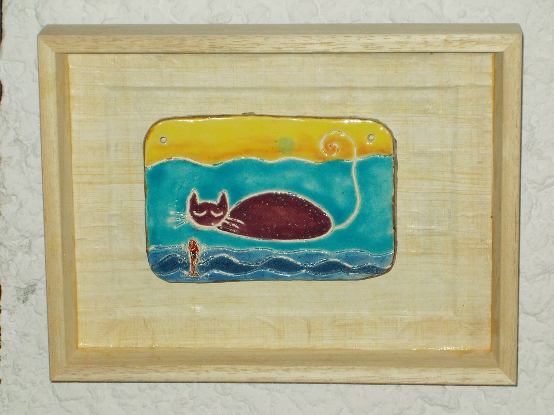 Tableau émaillé Chat pêcheur et poisson