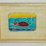 Tableau émaillé Chat pêcheur et poisson